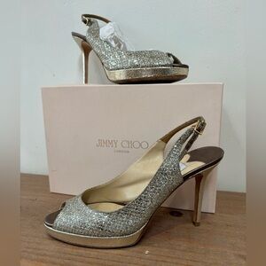 Jimmy Choo 247 Nova glitter fabric champagne sling back silver gold heels 9.5